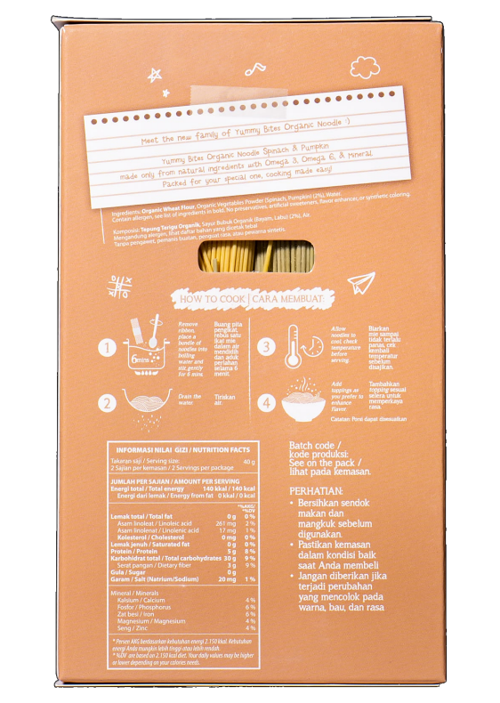 Yummy Bites - ORGANIC NOODLE - Spinach & Pumpkin Net Wt.80g ( 2 servings )